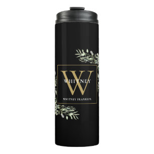 Gold Monogram Elegant Modern Greenery Black Thermosbeker