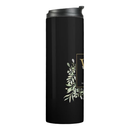 Gold Monogram Elegant Modern Greenery Black Thermosbeker (Gedraaid links)