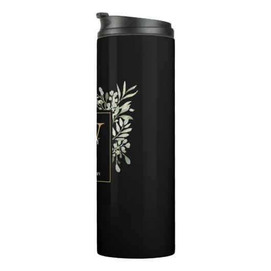 Gold Monogram Elegant Modern Greenery Black Thermosbeker (Geroteerd rechts)