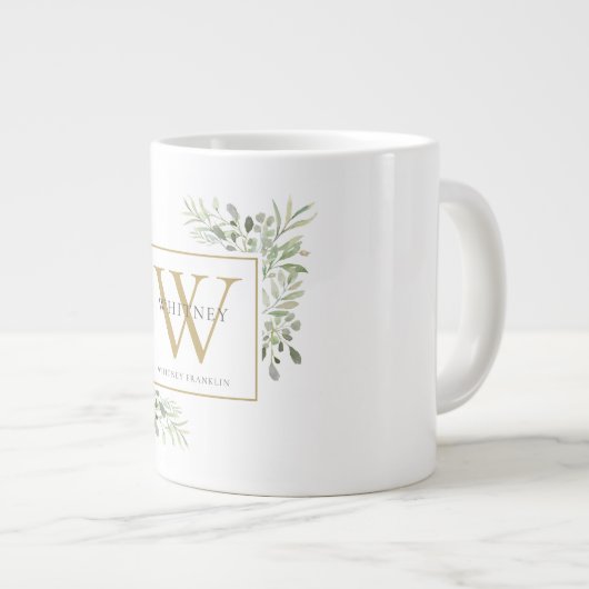 Gold Monogram Elegant Modern Greenery Grote Koffiekop (Voorkant rechts)