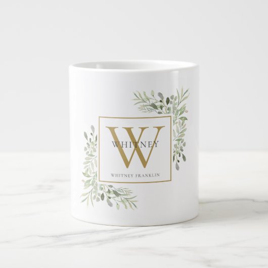 Gold Monogram Elegant Modern Greenery Grote Koffiekop (Voorkant)