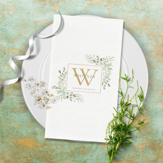 Gold Monogram Elegant Modern Greenery Servet