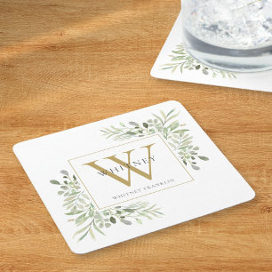 Gold Monogram Elegant modern Greenery Square Paper Kartonnen Onderzetters
