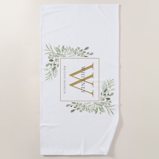Gold Monogram Elegant Modern Greenery Strandlaken (Voorkant)
