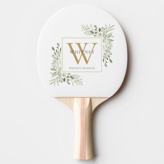 Gold Monogram Elegant Modern Greenery Tafeltennisbatje (Voorkant)