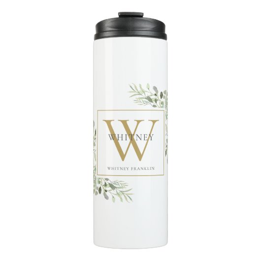 Gold Monogram Elegant Modern Greenery Thermosbeker (Voorkant)