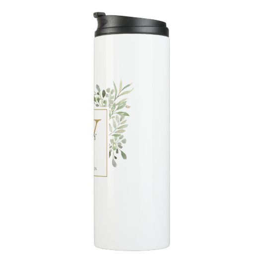 Gold Monogram Elegant Modern Greenery Thermosbeker (Geroteerd rechts)