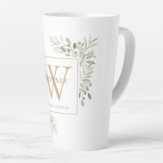 Gold Monogram Elegant Moderne Greenery Latte Mok (Rechterhoek)