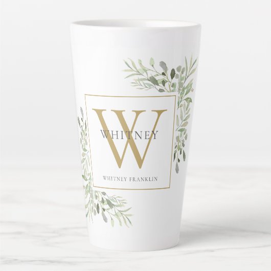 Gold Monogram Elegant Moderne Greenery Latte Mok (Voorkant)