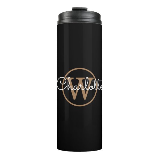 Gold Monogram Elegant Script Black Thermosbeker (Voorkant)