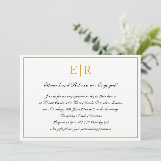 Gold Monogram Formele Engagement Party Kaart (Staand voorkant)