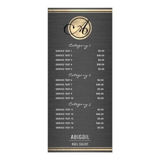 Gold Monogram geborsteld metaal Nail Salon 3 Servi Reclamekaart (Voorkant)