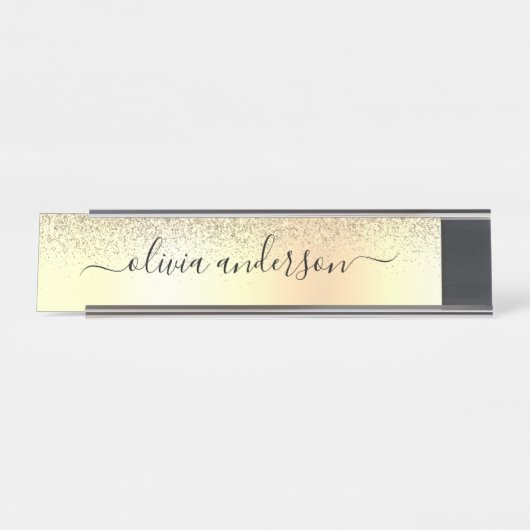 Gold Monogram Glitter Sparkle Girly Script Bureau Naambordje (Voorkant)