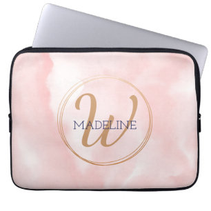Gold Monogram Gold met roze Waterverf achtergrond Laptop Sleeve