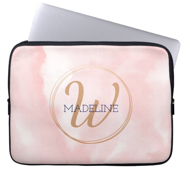 Gold Monogram Gold met roze Waterverf achtergrond Laptop Sleeve (Voorkant)