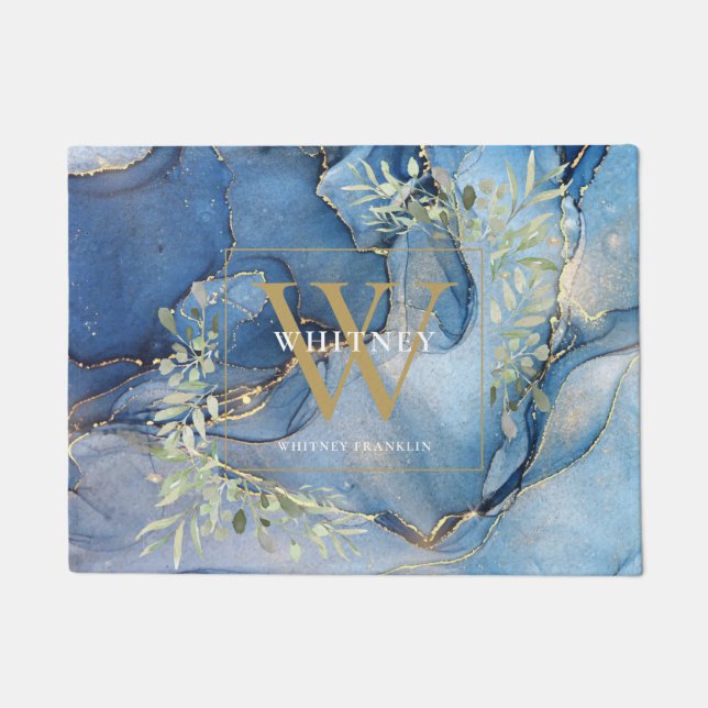 Gold Monogram Greenery Blue Agate Geode Doormat Deurmat (Voorkant)