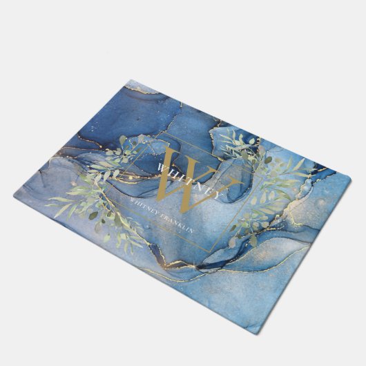 Gold Monogram Greenery Blue Agate Geode Doormat Deurmat (Schuin)