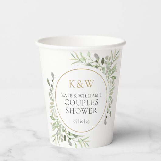 Gold Monogram Greenery Couples Wedding Shower Papieren Bekers (Achterkant)