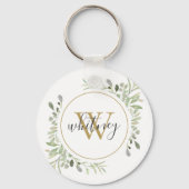 Gold Monogram Greenery Elegant Script Sleutelhanger (Voorkant)