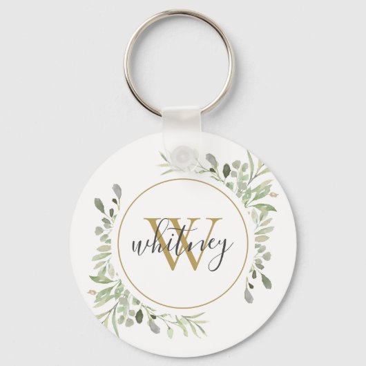 Gold Monogram Greenery Elegant Script Sleutelhanger (Voorkant)