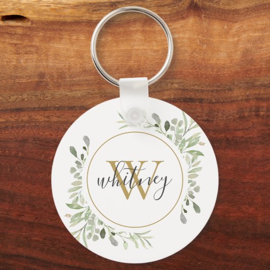 Gold Monogram Greenery Elegant Script Sleutelhanger (Voorkant)