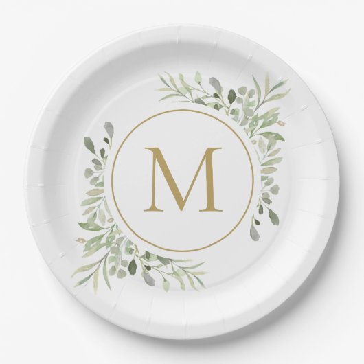 Gold Monogram Greenery Eucalyptus Foliage Papieren Bordje (Voorkant)