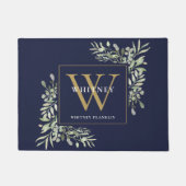 Gold Monogram Greenery Floral Navy Blue Deurmat (Voorkant)