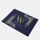 Gold Monogram Greenery Floral Navy Blue Deurmat (Schuin)