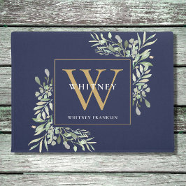 Gold Monogram Greenery Floral Navy Blue Deurmat