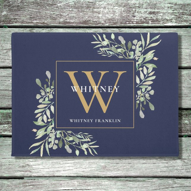 Gold Monogram Greenery Floral Navy Blue Deurmat (Creator heeft geüpload)