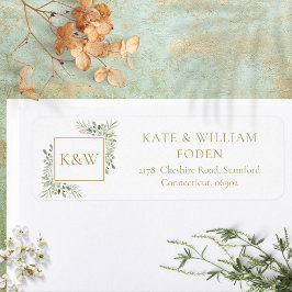 Gold Monogram Greenery Foliage Address Etiket