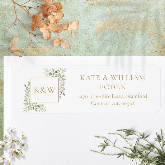 Gold Monogram Greenery Foliage Address Etiket