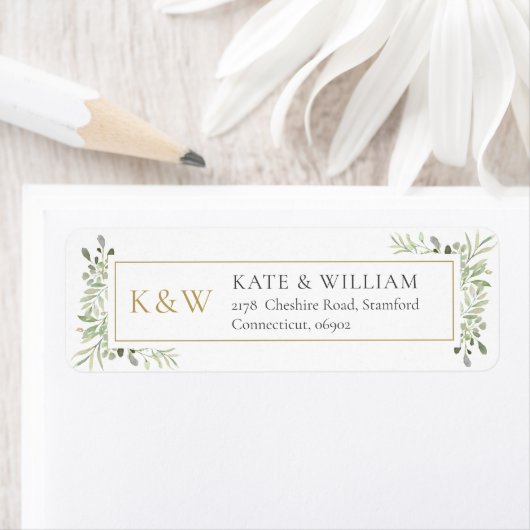 Gold Monogram Greenery Return Address Etiket (Insitu)