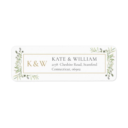 Gold Monogram Greenery Return Address Etiket (Voorkant)