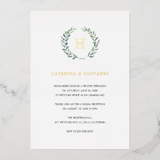 Gold Monogram Greenery Rustic Wedding Reception Folie Uitnodiging (Voorkant)