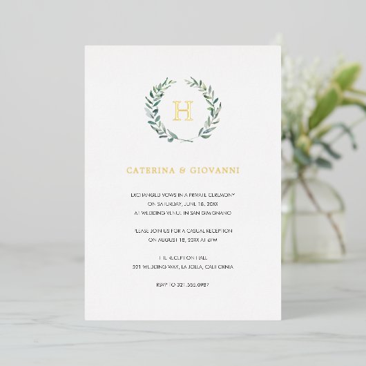 Gold Monogram Greenery Rustic Wedding Reception Folie Uitnodiging (Staand Voorkant)