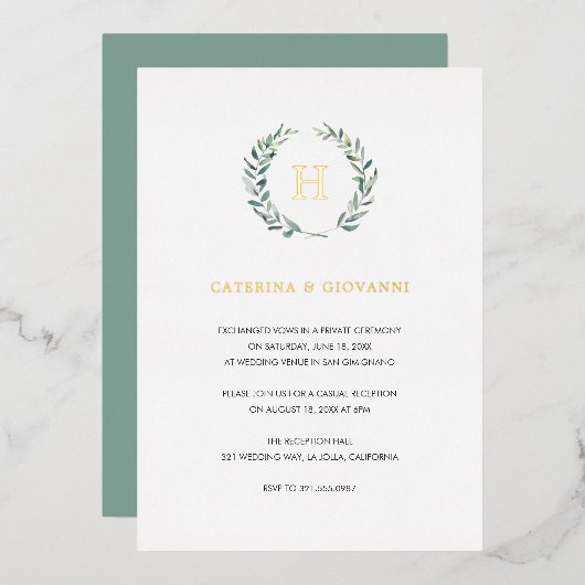 Gold Monogram Greenery Rustic Wedding Reception Folie Uitnodiging (Voorkant / Achterkant)