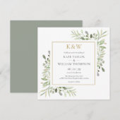 Gold Monogram Greenery Square Wedding Kaart (Voorkant / Achterkant)