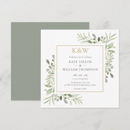 Gold Monogram Greenery Square Wedding Kaart (Voorkant / Achterkant)