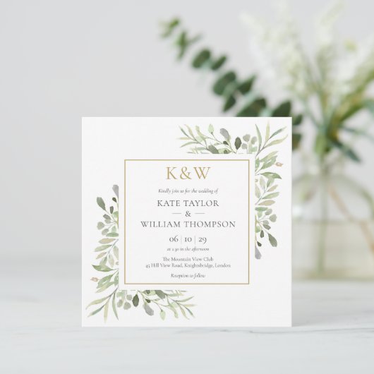 Gold Monogram Greenery Square Wedding Kaart (Staand voorkant)
