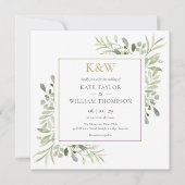 Gold Monogram Greenery Square Wedding Kaart (Voorkant)