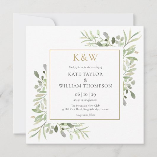 Gold Monogram Greenery Square Wedding Kaart (Voorkant)