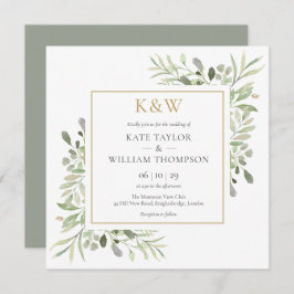 Gold Monogram Greenery Square Wedding Kaart