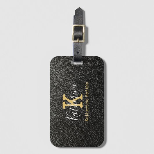 Gold Monogram Initiaal en naam op zwart Bagagelabel (Voorkant (verticaal))