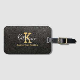 Gold Monogram Initiaal en naam op zwart Bagagelabel