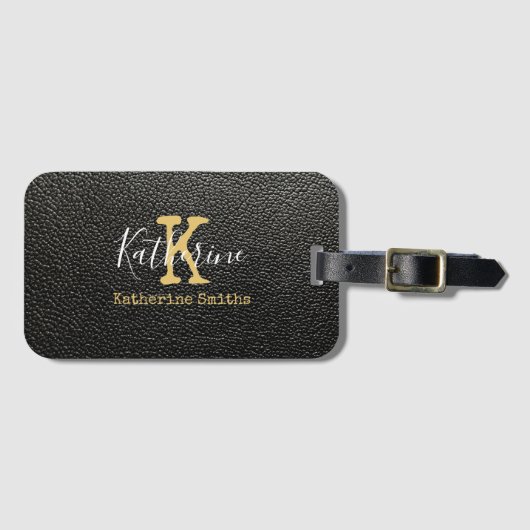 Gold Monogram Initiaal en naam op zwart Bagagelabel (Voorkant (horizontaal))