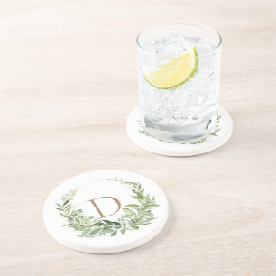 Gold Monogram Initiaal Foliage White Zandsteen Onderzetter