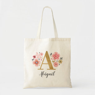 Gold Monogram Initiaal Letter "A" Floral Tote Bag