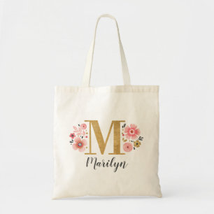Gold Monogram Initiaal Letter "M" Floral Tote Bag
