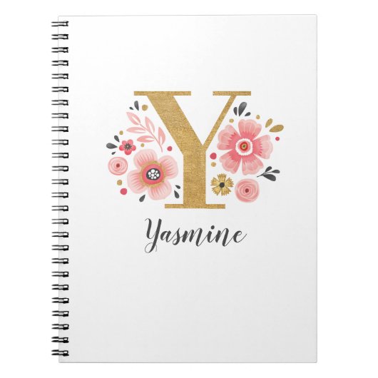 Gold Monogram Initiaal Letter Y Floral Notitieboek (Voorkant)
